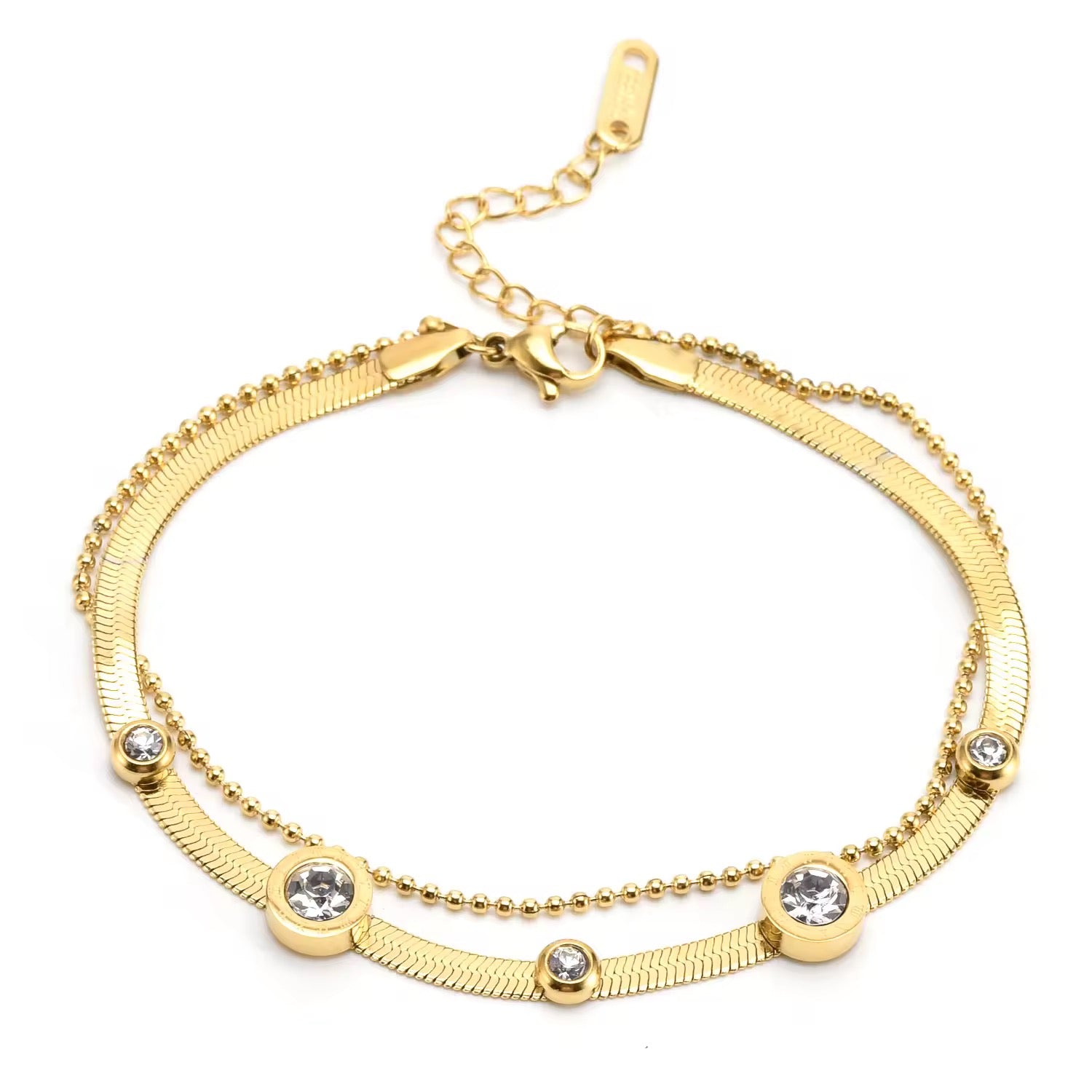 Double Layer Herringbone Diamante Bracelet with Ball Bead Chain