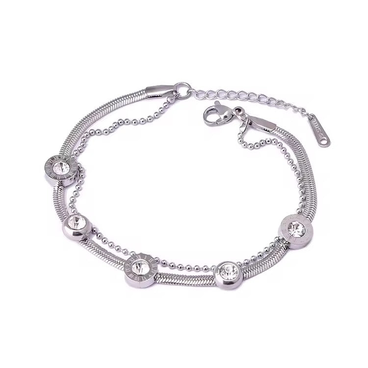 Double Layer Herringbone Diamante Bracelet with Ball Bead Chain