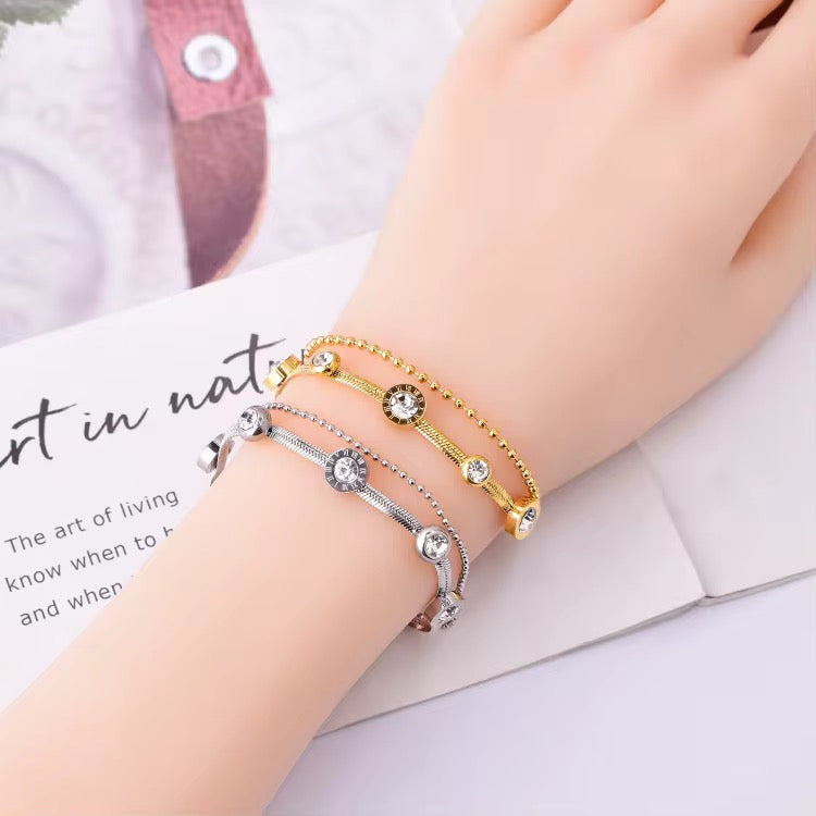 Double Layer Herringbone Diamante Bracelet with Ball Bead Chain
