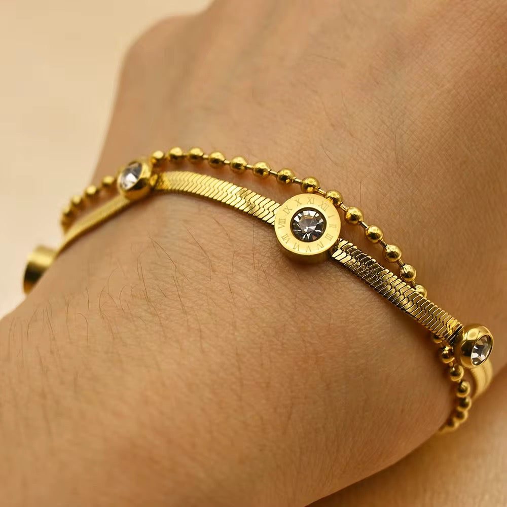 Double Layer Herringbone Diamante Bracelet with Ball Bead Chain
